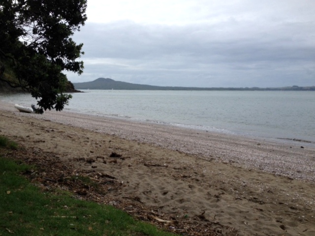 Plage secrète à Auckland, avec vue sur l'île volcanique de Rangitoto