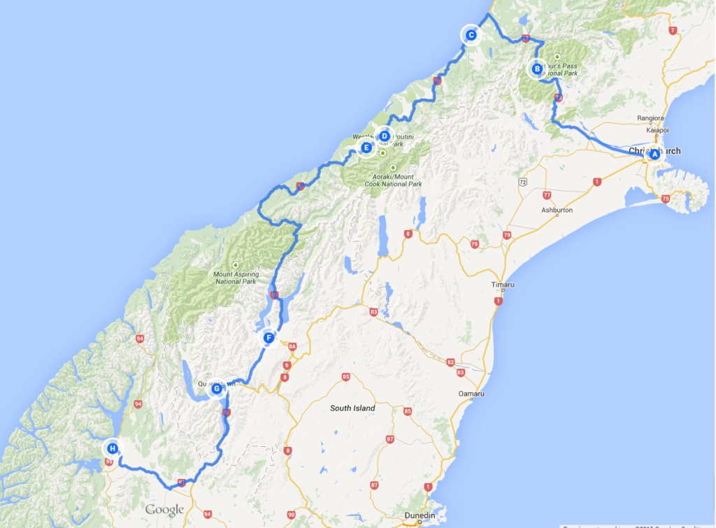 A-Christchurch / B-Arthur's Pass / C-Hokitika / D-Franz Josef Glacier / E-Fox Glacier / F-Wanaka / G-Queenstown / H-Te Anau