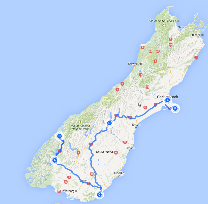 A: Te Anau / B: Milford Sound / C: Catlins / D: Twizel / E: Christchurch / F: Akaroa